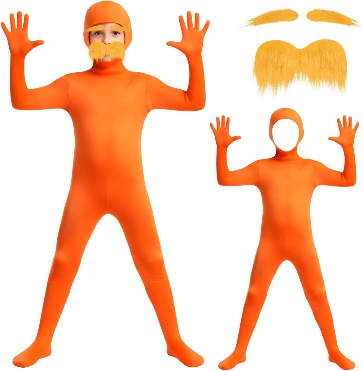 Oranje Jumpsuit Kostuum voor Kinderen met Open Gezicht, Invisibility Cloak en Gele Snor - Perfect voor Verkleedpartijen en Feestjes