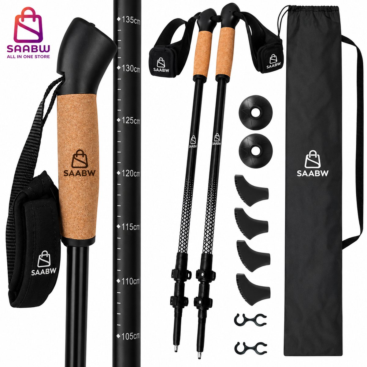 Nordic Walking Stokken Set van 2 – Verstelbare Telescopische Trekkingstokken met Kurken Handgrepen – Lichtgewicht Aluminium Wandelstokken voor Hiking, Trekking en Bergwandelen – Inclusief Opbergtas en Accessoires – 65-145 cm – Zwart – 86903