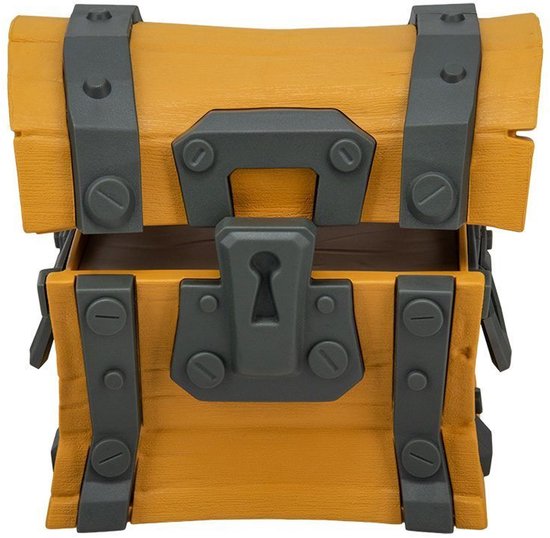 Vooraanzicht van een houten kist met metalen banden, een sleutelgat en oranje gloed.