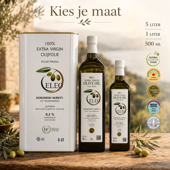 Grote witte blik en twee flessen van ELEO 100% Extra Vierge Olijfolie. De blik en flessen zijn bedekt met tekst en medailles.