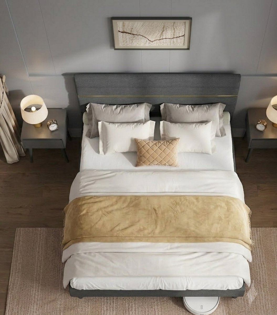 Gestoffeerd bed, tweepersoonsbedframe, geschikt voor matrassen van 140 x 200 cm, verstelbaar gewatteerd hoofdeinde, bedframe, metaal, massief hout, modern, leigrijs RMB504G01-NoviHome