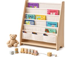 Montessori Massief Houten Kinderboekenkast W76 × H83 × D28 cm - Mijn Eigen Bibliotheek - Kinderboekenrek - Opbergkast - Solide Houten Boekenkast - Boekenkast kinderen - Boekenplank - Kinderkamer Kast - Opbergrek - Speelgoedkast【WonderMind WA-C003】