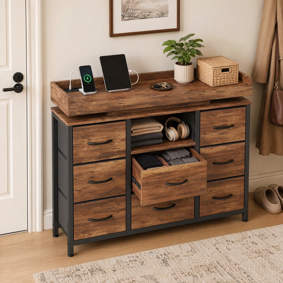 Dressoir industrieel 108 cm met 8 lades tijgerhoutlook LED verlichting en stopcontact