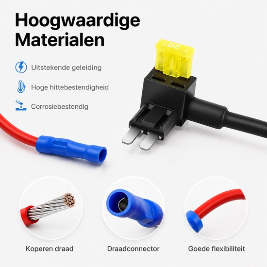 Detailfoto van koperdraad, draadconnector en flexibele rode kabel met blauwe dop.