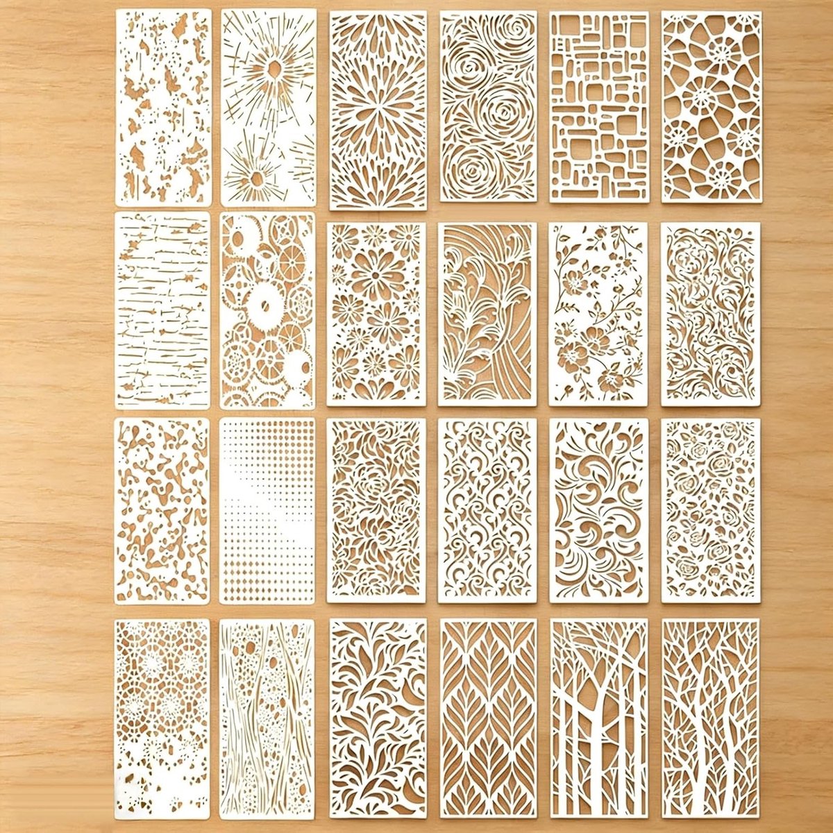24 Stuks Veelzijdige Creatieve Sjablonen - Textuur Sjablonen voor Schilderen, Laagtechniek en Herbruikbare Ontwerpen voor Muren en Meubels, 24 Prachtige Patronen voor DIY Projecten