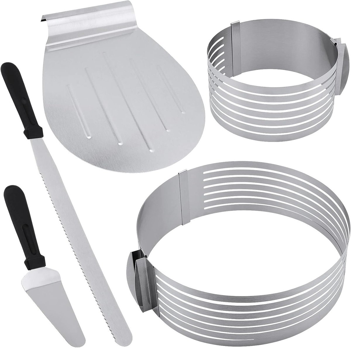Set van 5 Verstelbare Taartvormen in RVS met Taartladder, Spatel en Taartsnijder voor Bakken 23-30cm/15-20cm