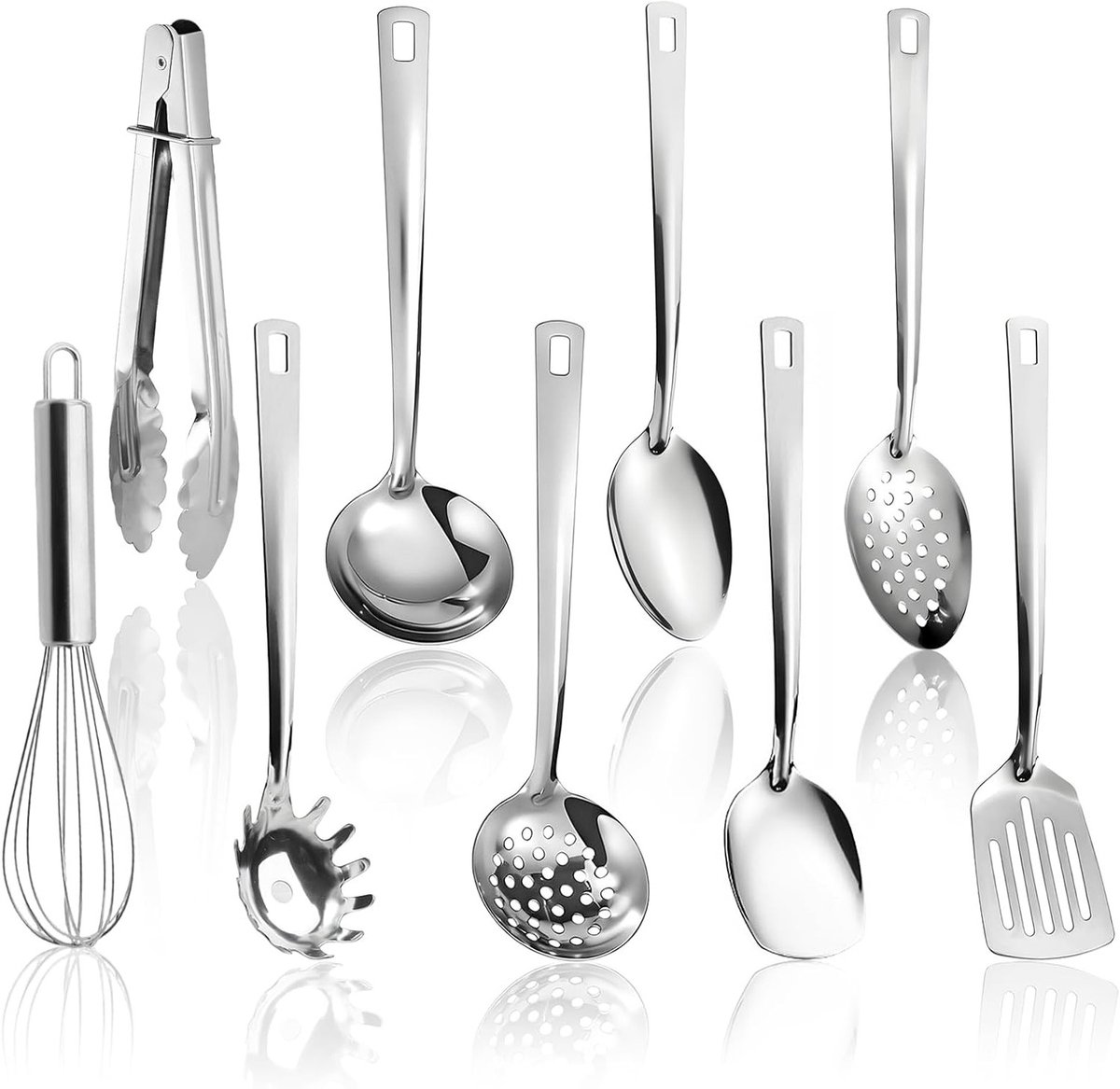 Set van 9 roestvrijstalen keukenhulpen met hanggatdesign, vaatwasmachinebestendig keukengerei, pollepel, spatel en zeefspatel voor elke keuken