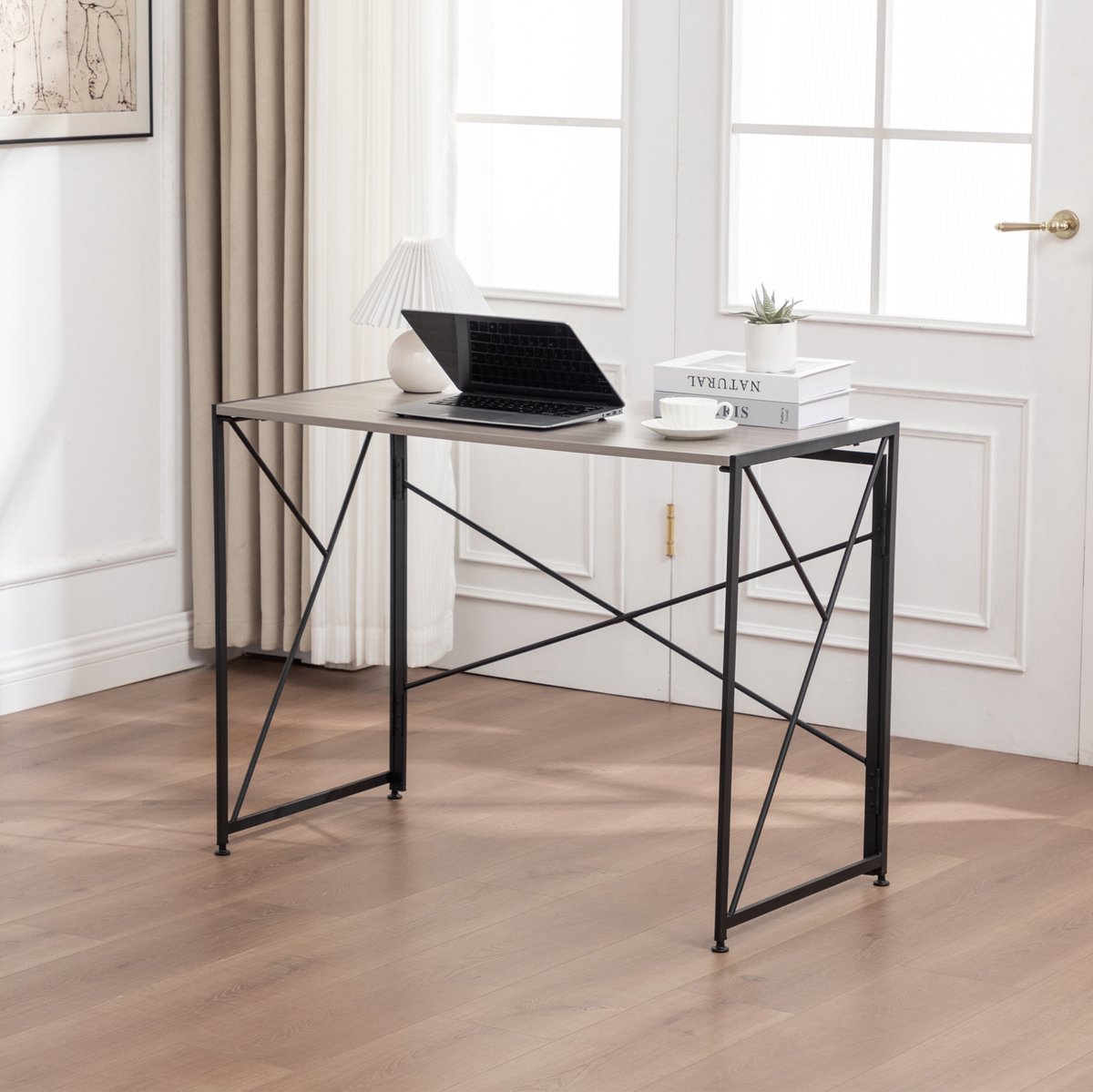 FloraGrace Bureau - Opvouwbaar Design Voor Kleine Ruimtes En Thuiswerk - Snel Te Monteren - MDF En Metaal - 99x50x75 Cm - Naturel