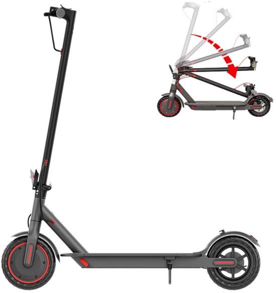 Grijze elektrische step met rode details, compact en inklapbaar met een 350W motor.