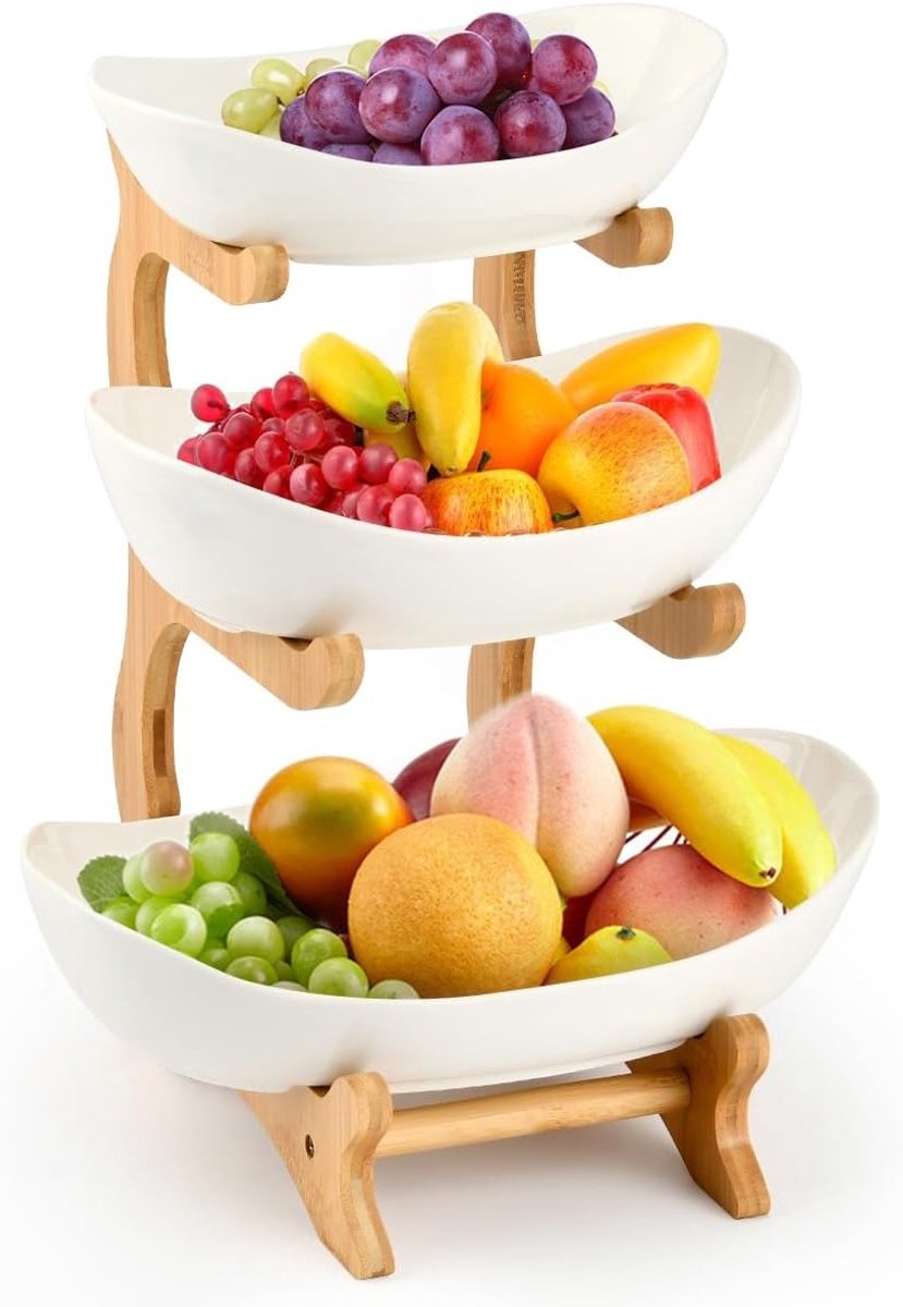 Gelaagde Keramische Fruitkom, Ovalen Schalen Set met Natuurlijke Houder, Ideaal voor Keuken, Feest en Restaurantgebruik