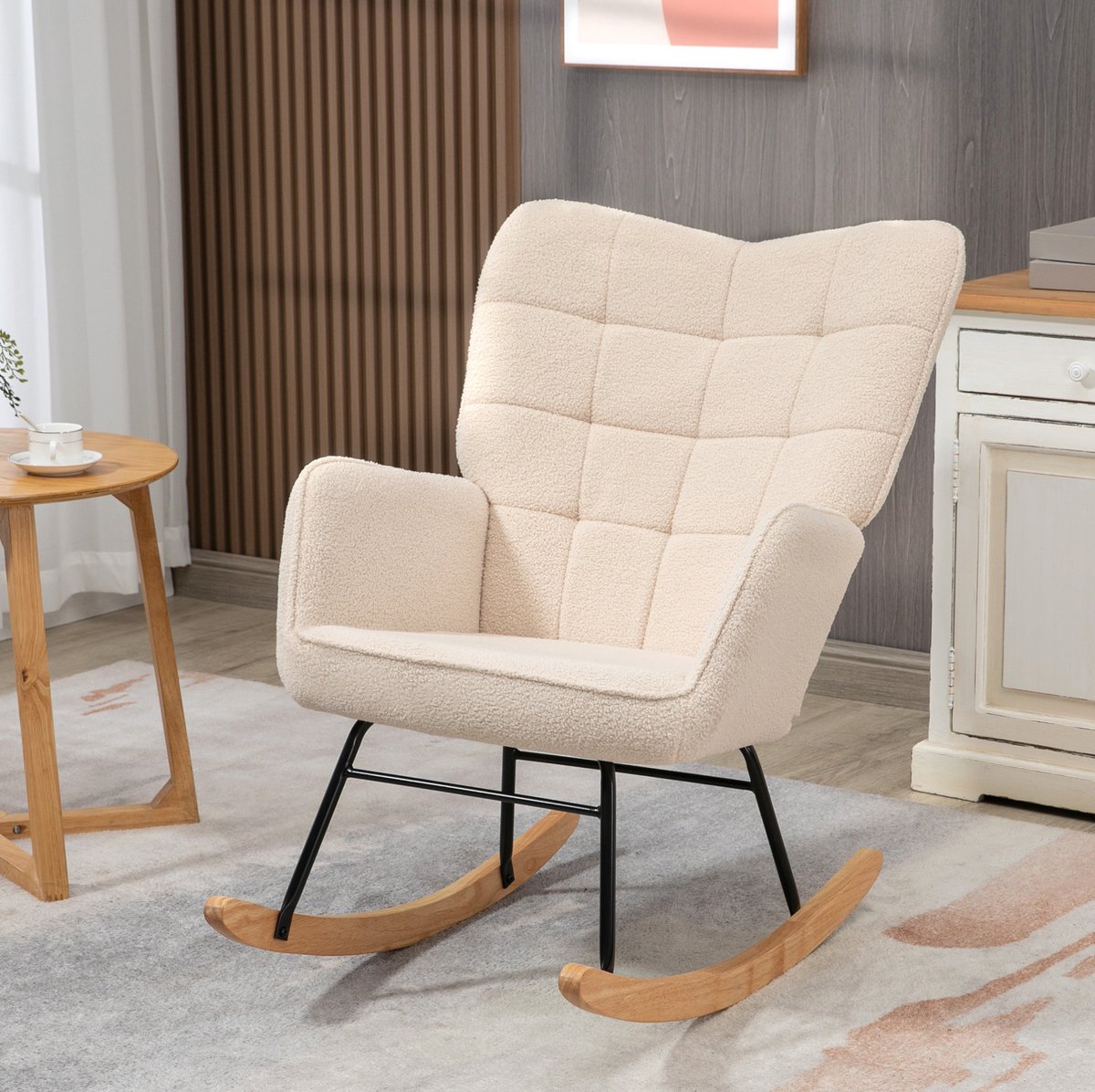 STILVORA Schommelstoel – Fauteuil 71 x 98 x 101 cm – Zacht Berbervlies Met Hoge Rugleuning En Armleuningen – Voor Woonkamer En Slaapkamer – Beige