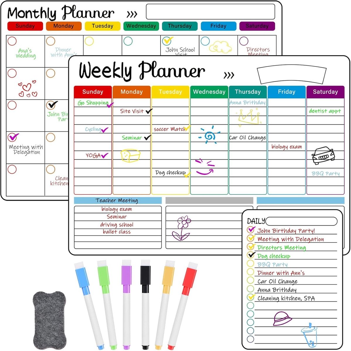 Magnetische Koelkastkalender - A3 Formaat - Droog Af Te Vegen - Met 6 Markers - Voor Gezinnen