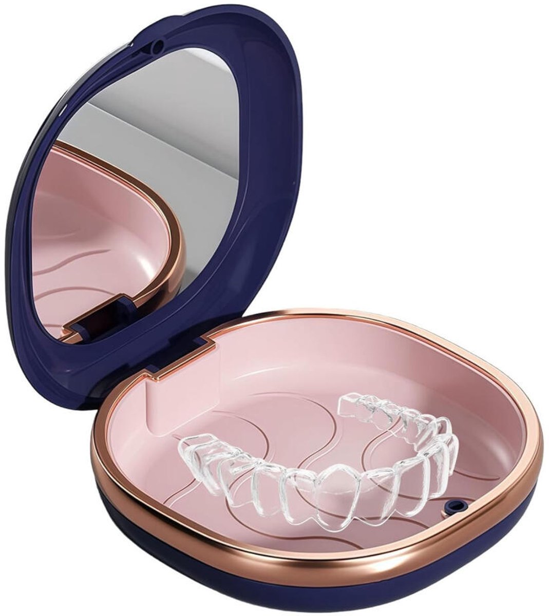 Gebitsbakje - beugeldoos - Beugelbakje - Met Spiegel & magneetsluiting - Draagbaar - Aligner Case - Retainer Case - Gebittenbakje - Voor prothese en Beugel - Bakje voor Invisalign, Retainers, Nachtbeugel, Knarsbitje - Blauw