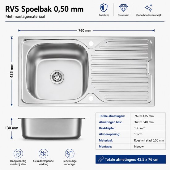RVS spoelbak 760 x 435 mm met eendelig bak en profiel, inclusief technische tekening en afmetingen.