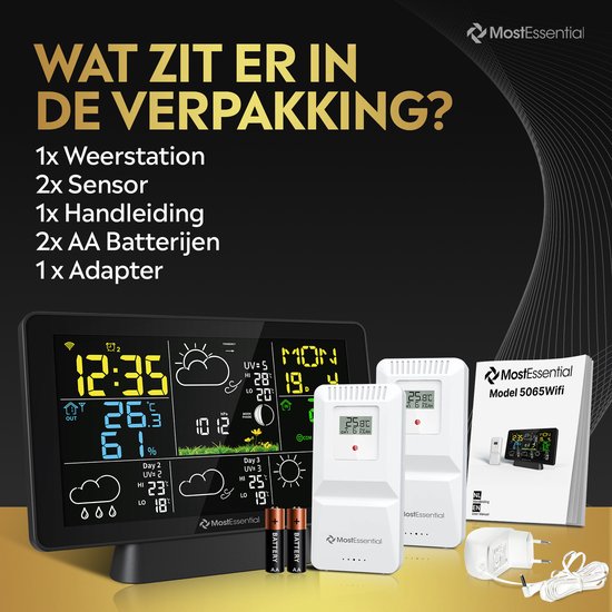 MostEssential Weerstation Wifi Edition - Plug & Play Installatie - Draadloos - Weerstation met Buitensensor - Hygrometer - Binnen en Buiten - 150 Meter Bereik - Inclusief App - Zwart - 2 sensors