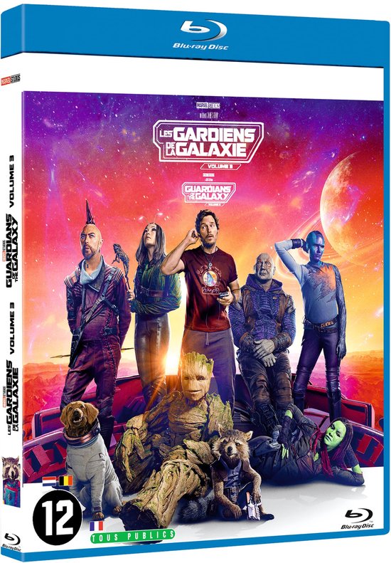 Blu-ray hoes van "Guardians of the Galaxy Volume 3" met de filmcast, waaronder Star-Lord, Gamora, Drax, Rocket, Groot, Cosmo en Adam Warlock.