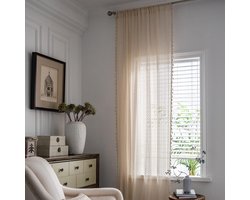 1 stuk - Gordijnen in bohemian stijl - Gordijnen van kant en tule - Semi-transparante gordijnen met gehaakte kwastjes - Geometrisch gestreepte gordijnen met roede - Slaapkamergordijnen 150*60 cm - Geschikt voor woonkamer en slaapkamer (gebroken wit)