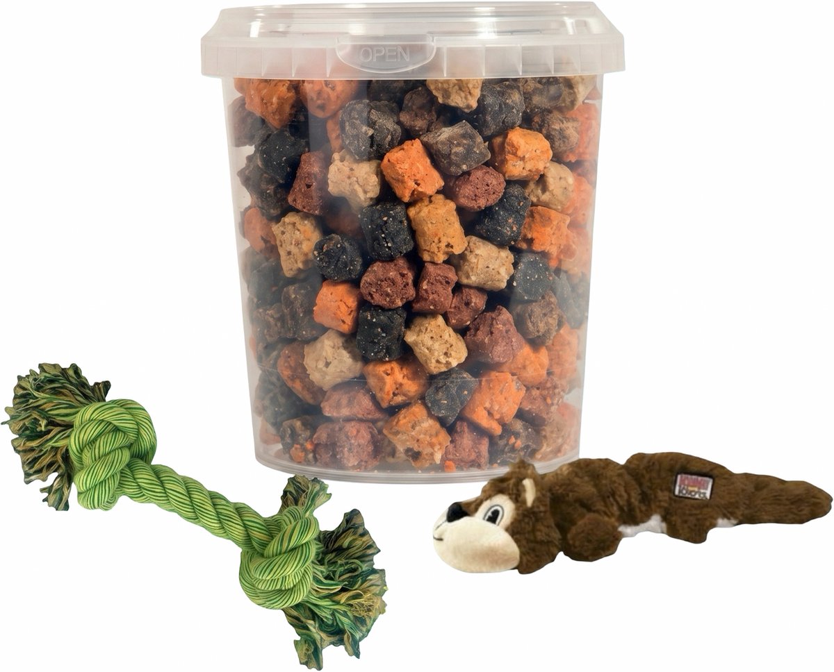 Combideal: Kong Scrunch Knots Eekhoorn Pluche + Mixtrainers Emmer 850 ml + Stevig flostouw