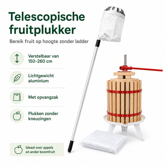 HOME It® Fruitpers Set 18L - Eikenhout - Telescopische Fruitplukker 150-260 cm & Gratis Sapzak - Voor Sap & Cider van home-it — afbeelding 3