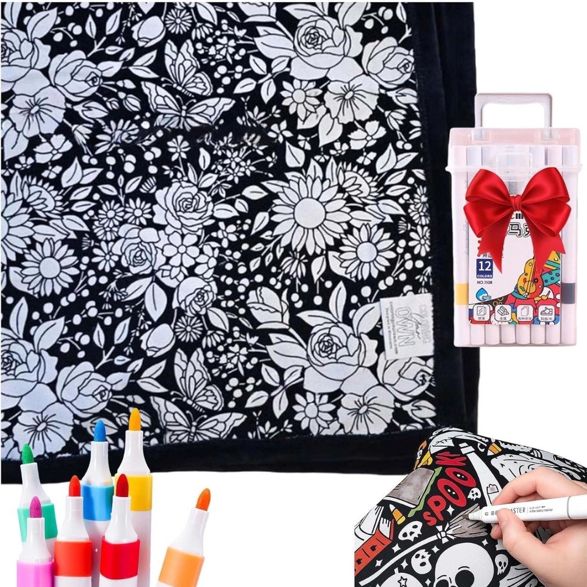 DIY Kleurdeken Met 12 Stiften - Wasbaar - DIY schilderdeken - Bloementhema - 150x125cm - Perfect cadeau - Bevordert ontspanning en mindfulness - Ontspannend en decoratief - voor volwassenen en kinderen，activiteiten met ouders en kinderen