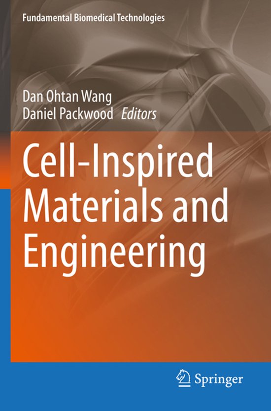 Couverture de livre: Cell-Inspired Materials and Engineering, avec des formes abstraites grises et oranges. Titres et auteurs en blanc.