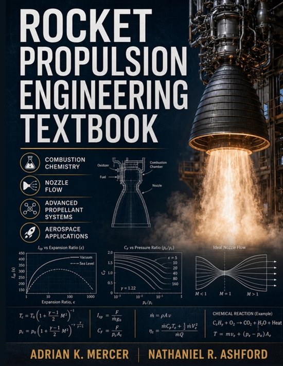 Boekomslag: Raketmotor in actie, technische diagrammen, formules en titel: Rocket Propulsion Engineering Textbook.