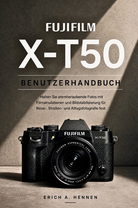 Boekomslag van de Fujifilm X-T50 handleiding met een zwarte systeemcamera op een beige achtergrond.