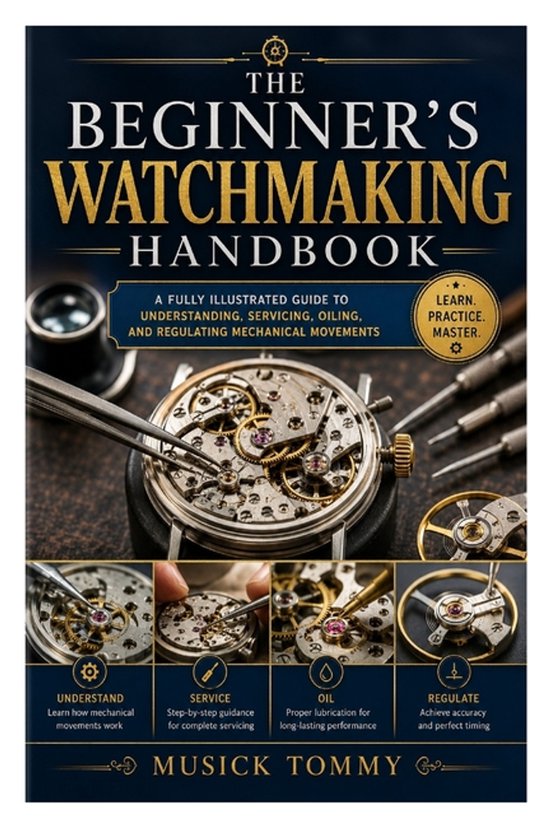 Boekomslag van 'The Beginner's Watchmaking Handbook' met een open horloge in het midden.