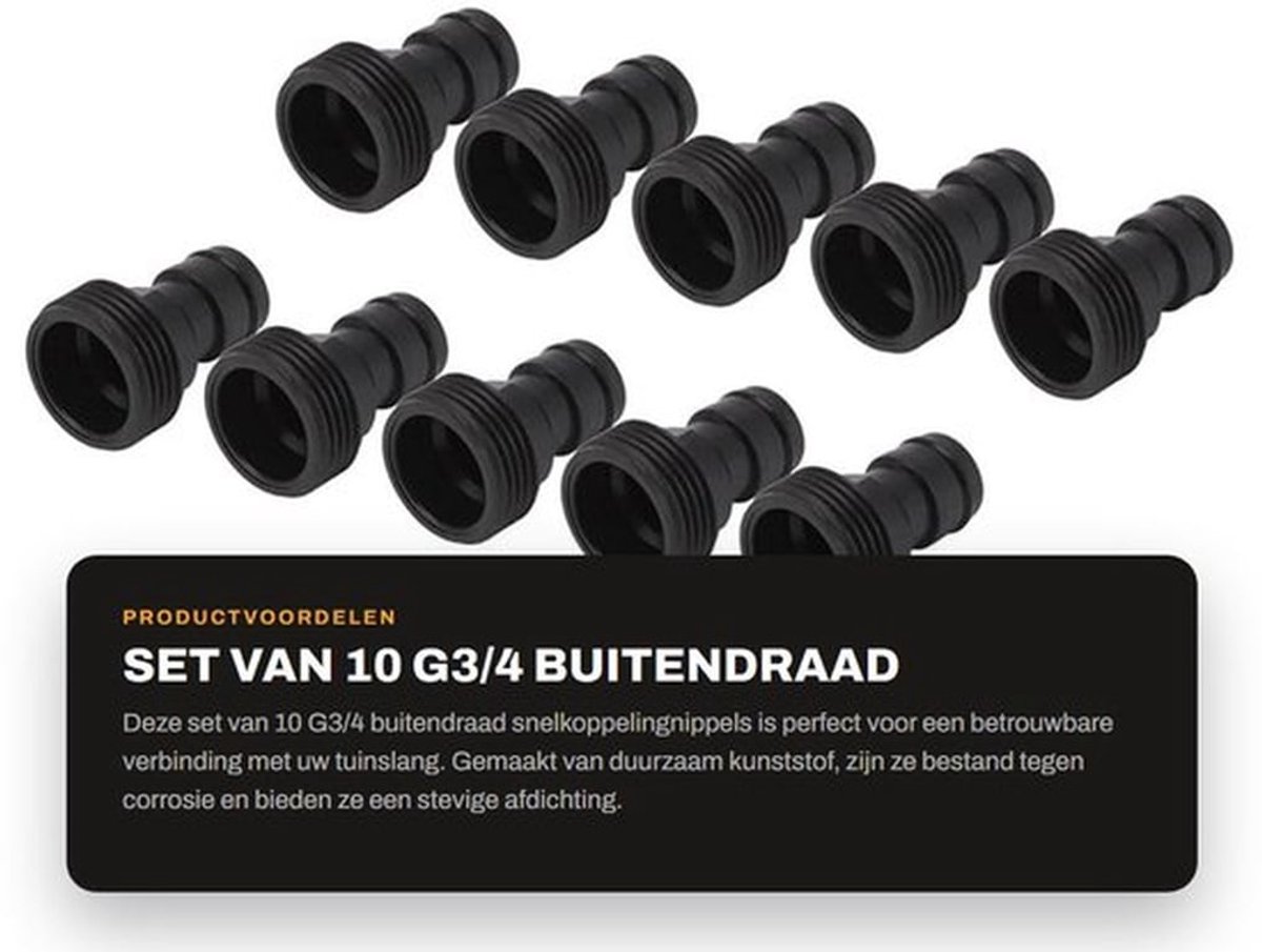 Snelkoppelingnippel 10 Stuks - G3/4 Buitendraad - Tuinslang Snelkoppelingsadapters - Eenvoudig Te Installeren - Betrouwbaar - Zuurbestendig - Tuinslangconnector
