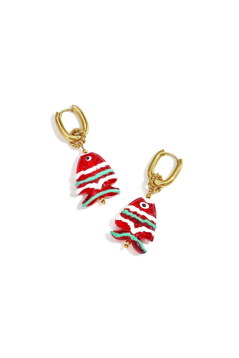 Marina - Vis Oorbellen - Rood - Stainless Steel - - Rood/Zwart