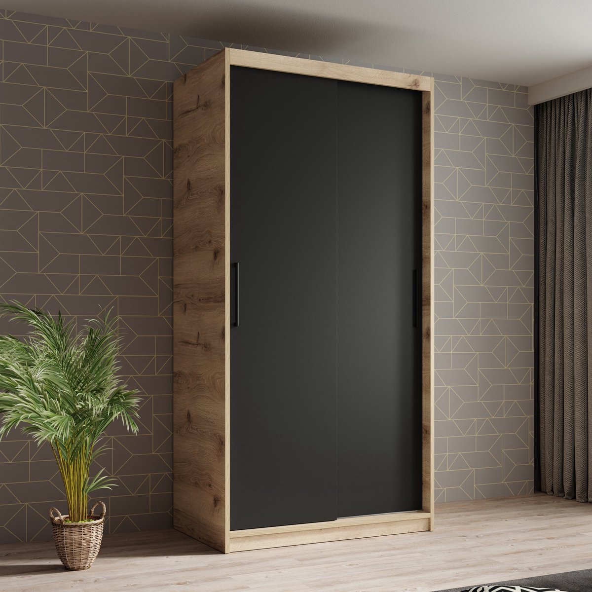 MEUBELLA Kledingkast Luxor - Zwart - Eiken - 100 cm Bruin|Zwart