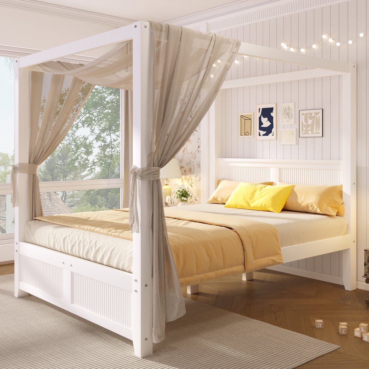 STILVORA Hemelbed 140x200 cm – Sfeervol Bed Met Open Dakframe En Latten Hoofd En Voeteinde – Voor Kinderkamer En Logeerkamer – Wit – Zonder Matras