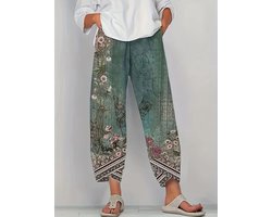 Modieuze retrobroek met bloemenprint, comfortabele riem en zakken, retroprint, stretch, hoge taille, wijde pijpen, maat 2XL