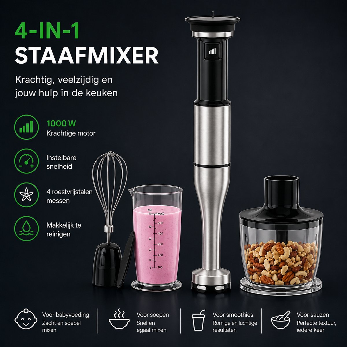 Staafmixer, 4-in-1, 1000 W, instelbare snelheid, 4 roestvrijstalen messen Roestvrij staal met pannenbescherming, mixer voor babyvoeding, soepen, smoothies, purees, sauzen, H9
