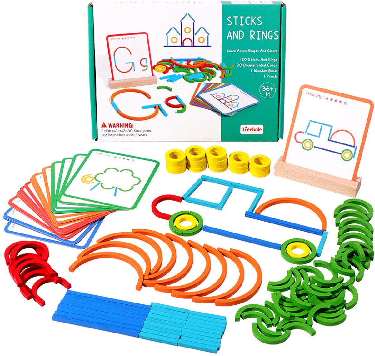 Casalora Houten Puzzelspel 120 Stuks – Montessori Speelgoed – Puzzelstokjes & Ringen met Opdrachtkaarten – Educatief Denkspel voor Kinderen van 3-7 Jaar – Logisch Denken & Creativiteit