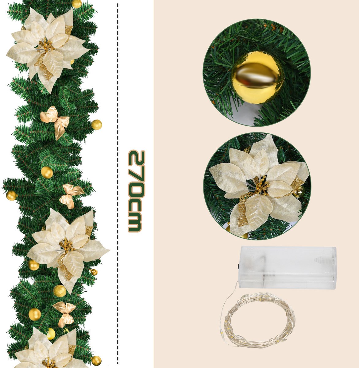 Kerstguirlande met verlichting 2,7 m - 50 led - goud decor – foto 5