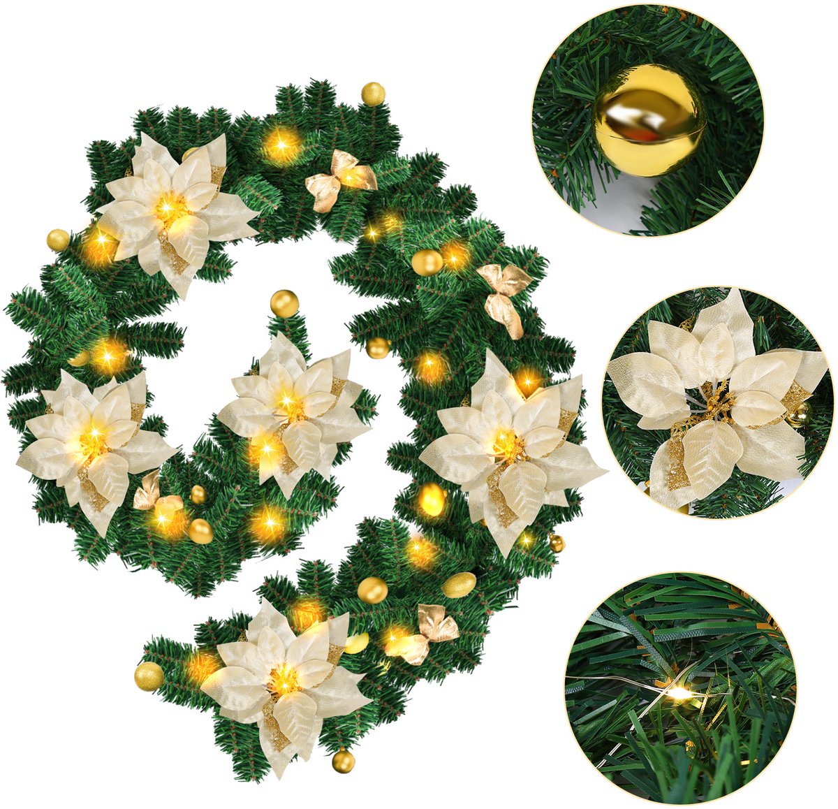 Kerstguirlande met verlichting 2,7 m - 50 led - goud decor – foto 2