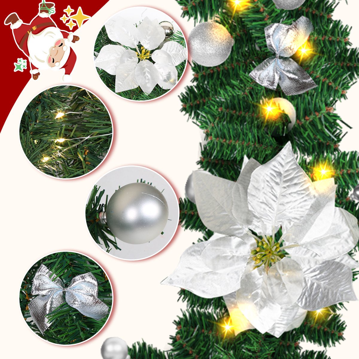 Kerstguirlande met verlichting 2,7 m - 50 led - zilver decor – foto 6