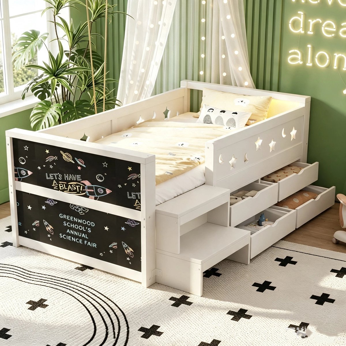Kinderbed 90 × 200 cm, Eenpersoonsbed, Bedhekje Met Opgewerkte Ster- En Maanmotieven, Voorzien Van Een Creatief Krijtbord, Lades En Een Opstapje, Met Ledverlichting, Eenpersoonsbed Wit