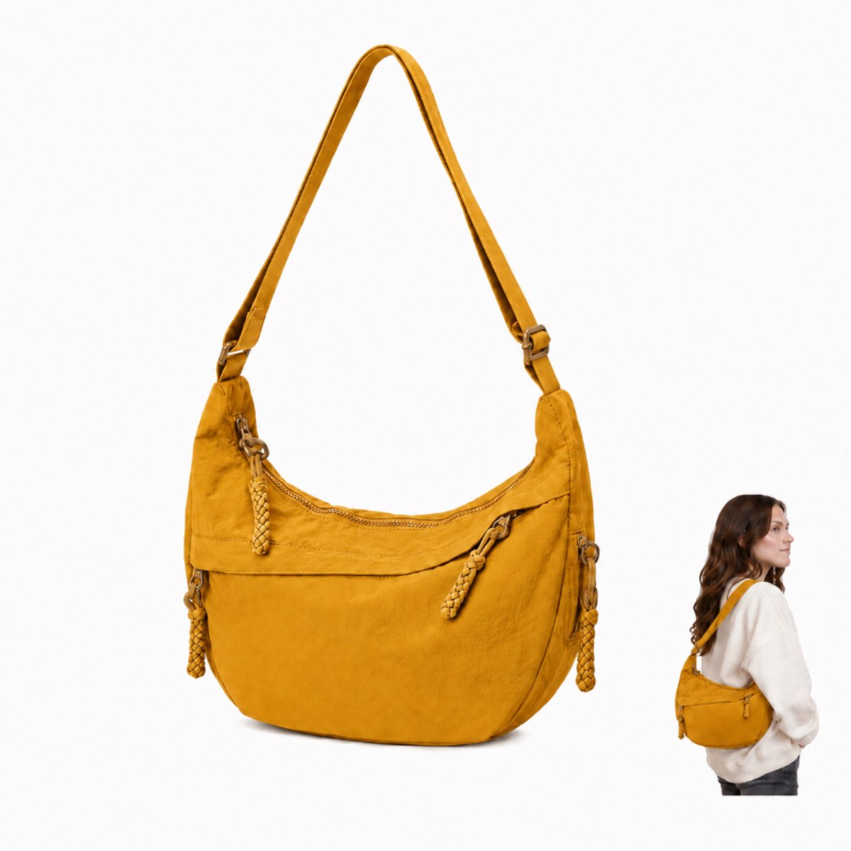 Tas-Modieuze Crescent Crossbody Tas -Dames heuptasje-Nylon Schoudertas Dames - Lichtgewicht Hobo Bag voor Dames - Dumpling Tas voor Reizen en Outdoor - Multifunctionele Handtas met Gesp - Kurkuma