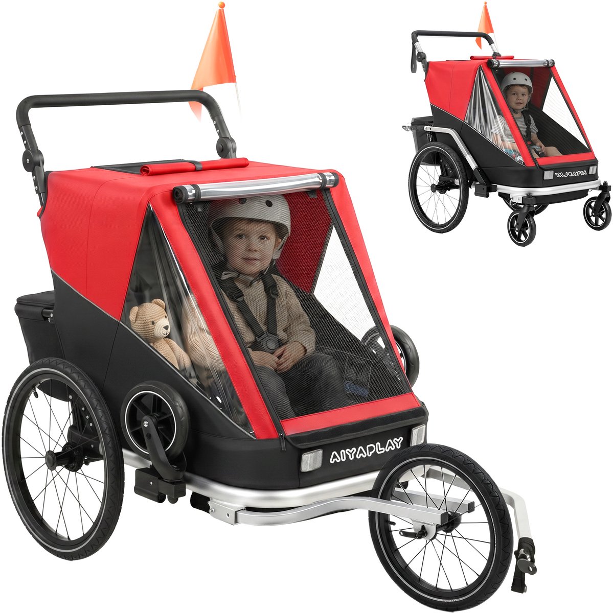 Fietsaanhanger voor kinderen - 2 zitplaatsen - 2 - in - 1 opvouwbare kinderfietsaanhanger met verstelbare zitting en riemen - rood