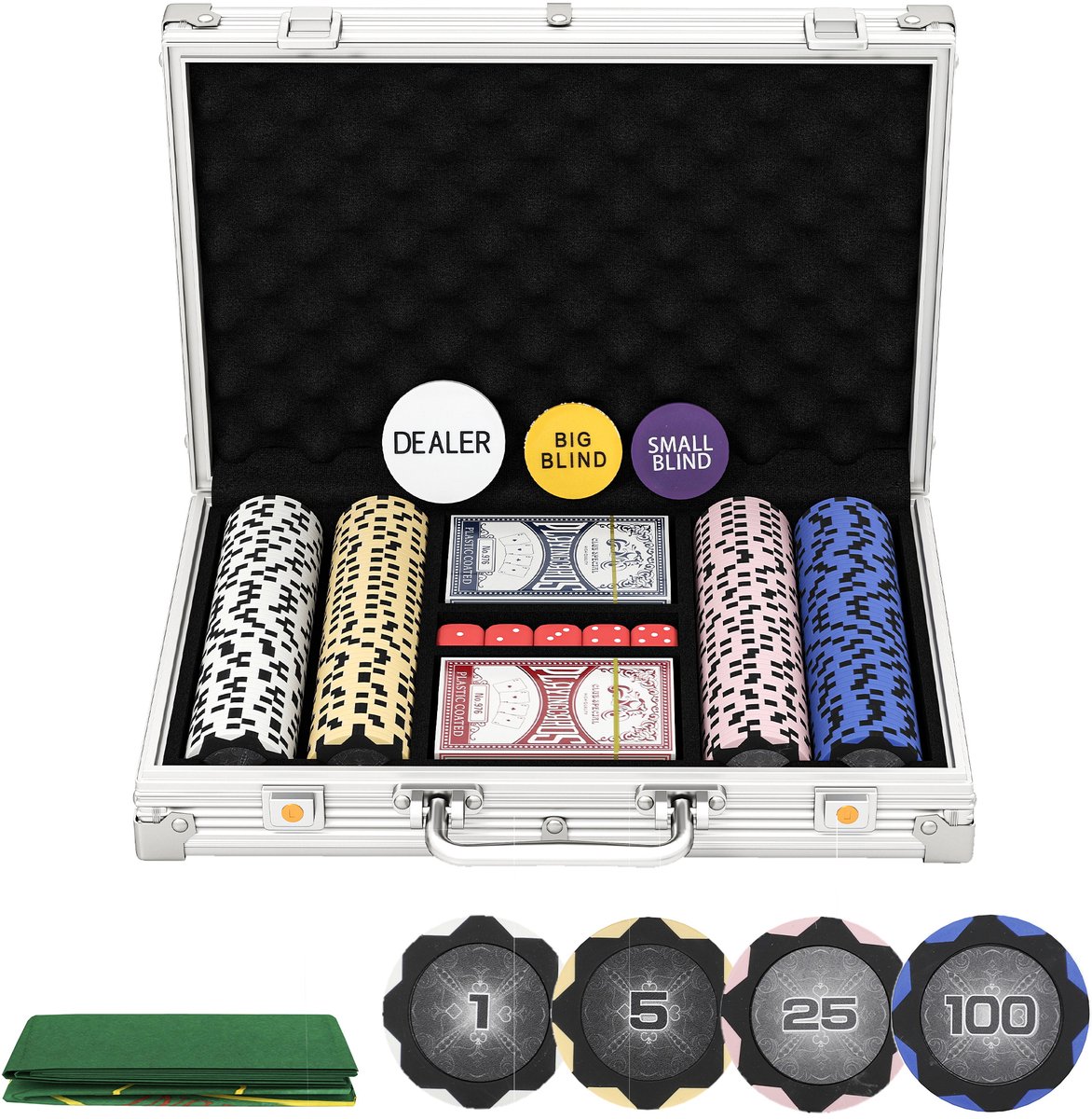 Pokerset in een etui - met dobbelstenen - dealerbutton - 2 pakken speelkaarten - zilverkleurig.