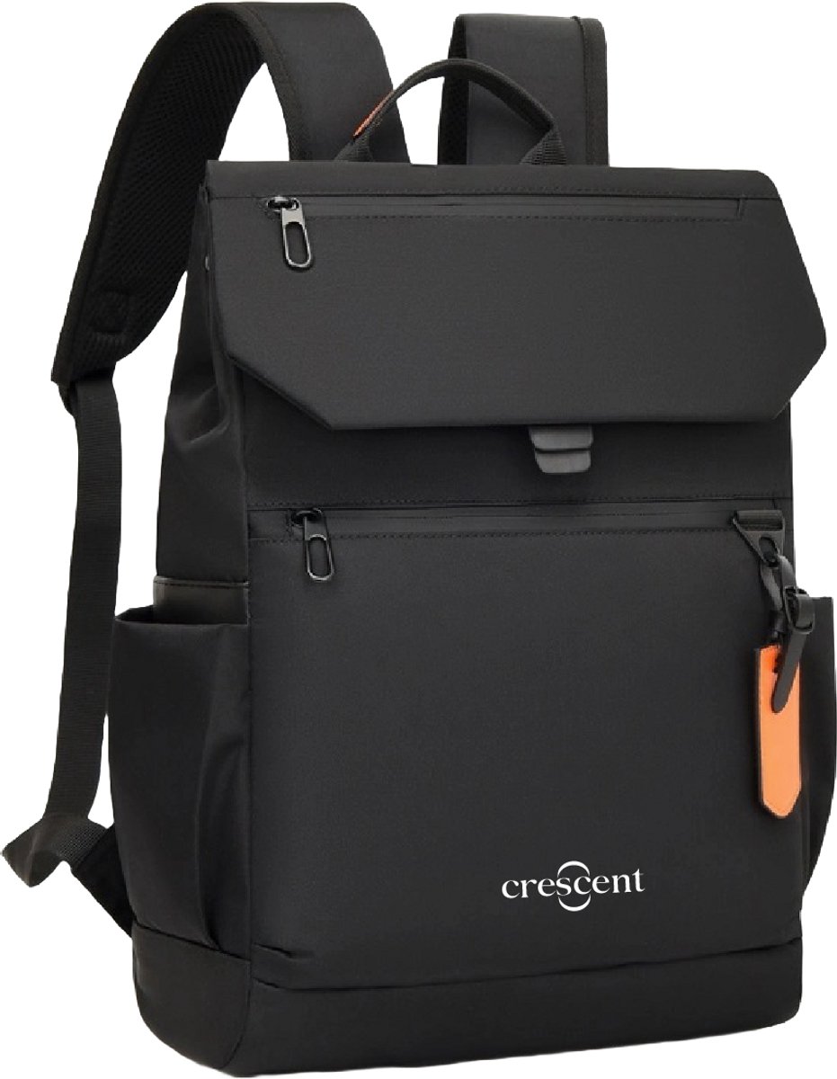 Crescent-Rupel Stijlvolle Ultra Lichtgewicht Rugzak met Flap Zwart Unisex - Draagbare Laptop Rugzak, Waterbestendig, Veelzijdig voor Reizen, Werk, School en Casual Dagelijks Gebruik