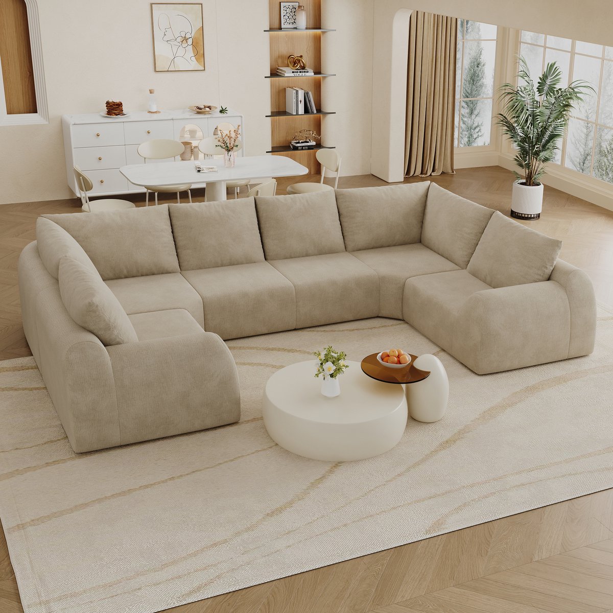 MIVRAY U Bank 344 Cm - Ruime 6 Zits Met Hoog Elastisch Schuim - Voor Woonkamer En Appartement - Chenille Stof - Khaki