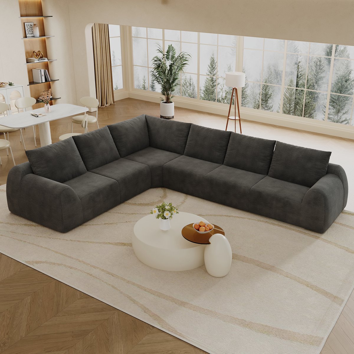 MIVRAY Hoekbank 334 Cm 6-Zits L-Vormig Compressiesofa Zonder Montage Voor Woonkamer Slaapkamer En Appartement Stof Donkergrijs