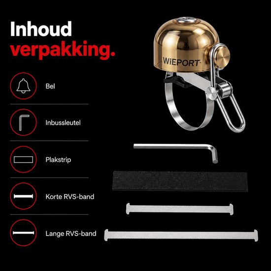 Inhoud verpakking: Bel, inbussleutel, plakstrip, korte en lange RVS-band.