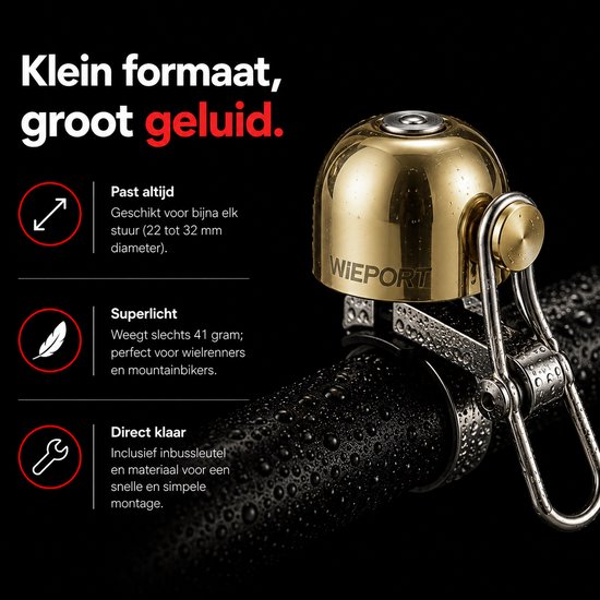 Kleine gouden fietsbel van Wieport, 41 gram, past op 22-32 mm stuur, inclusief inbussleutel.