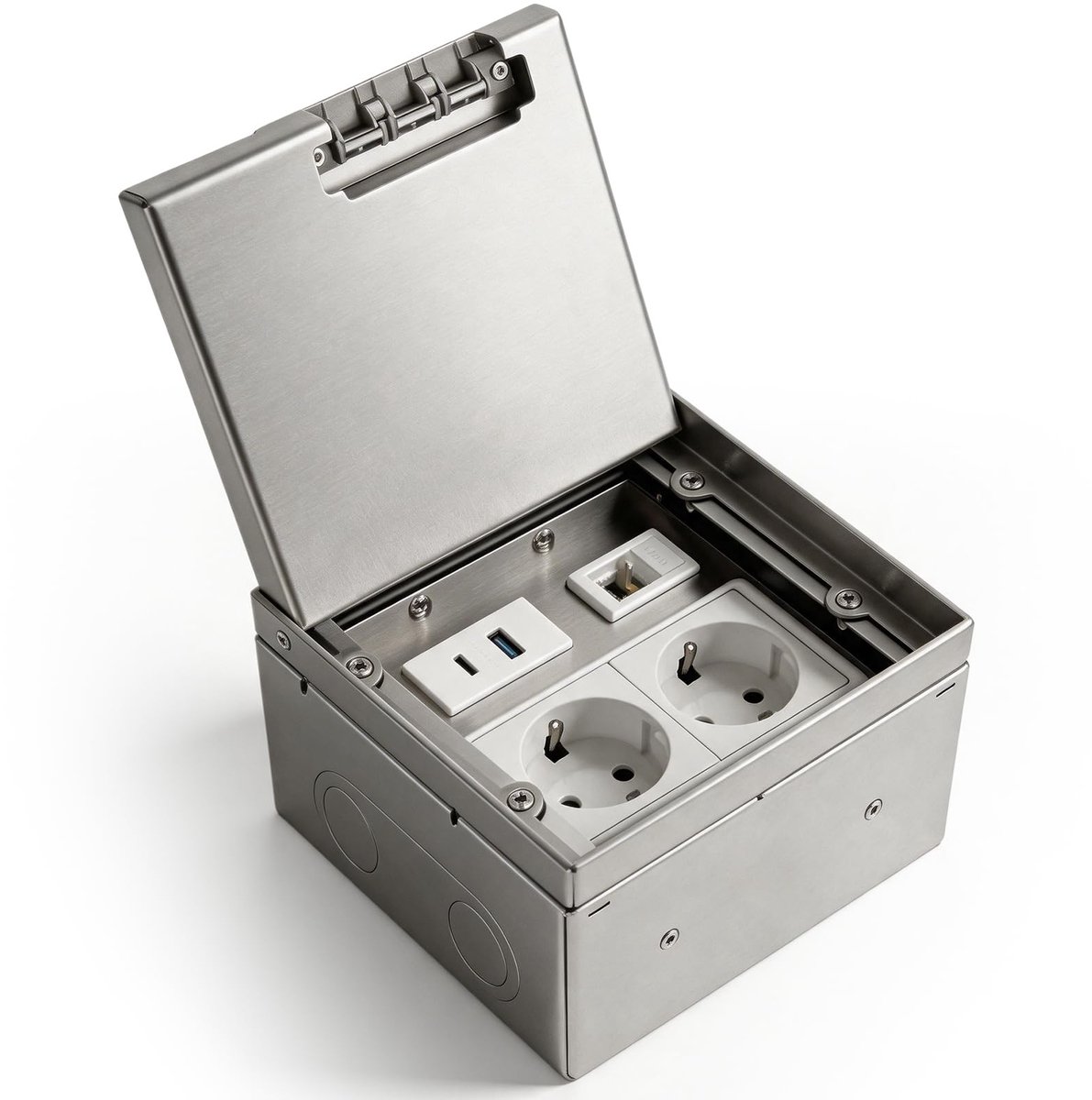 Solidchoice - Vloerstekker van RVS met 2AC, 1USB en 1RJ45