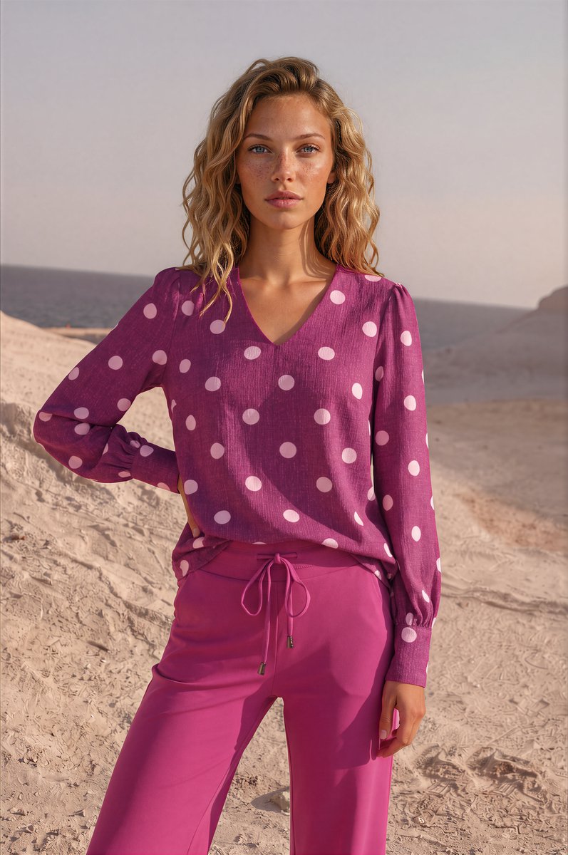 MI PIACE - Travel Blouse Puff Sleeves Dot Structure Print Magenta 202226 Purple - Maat : M