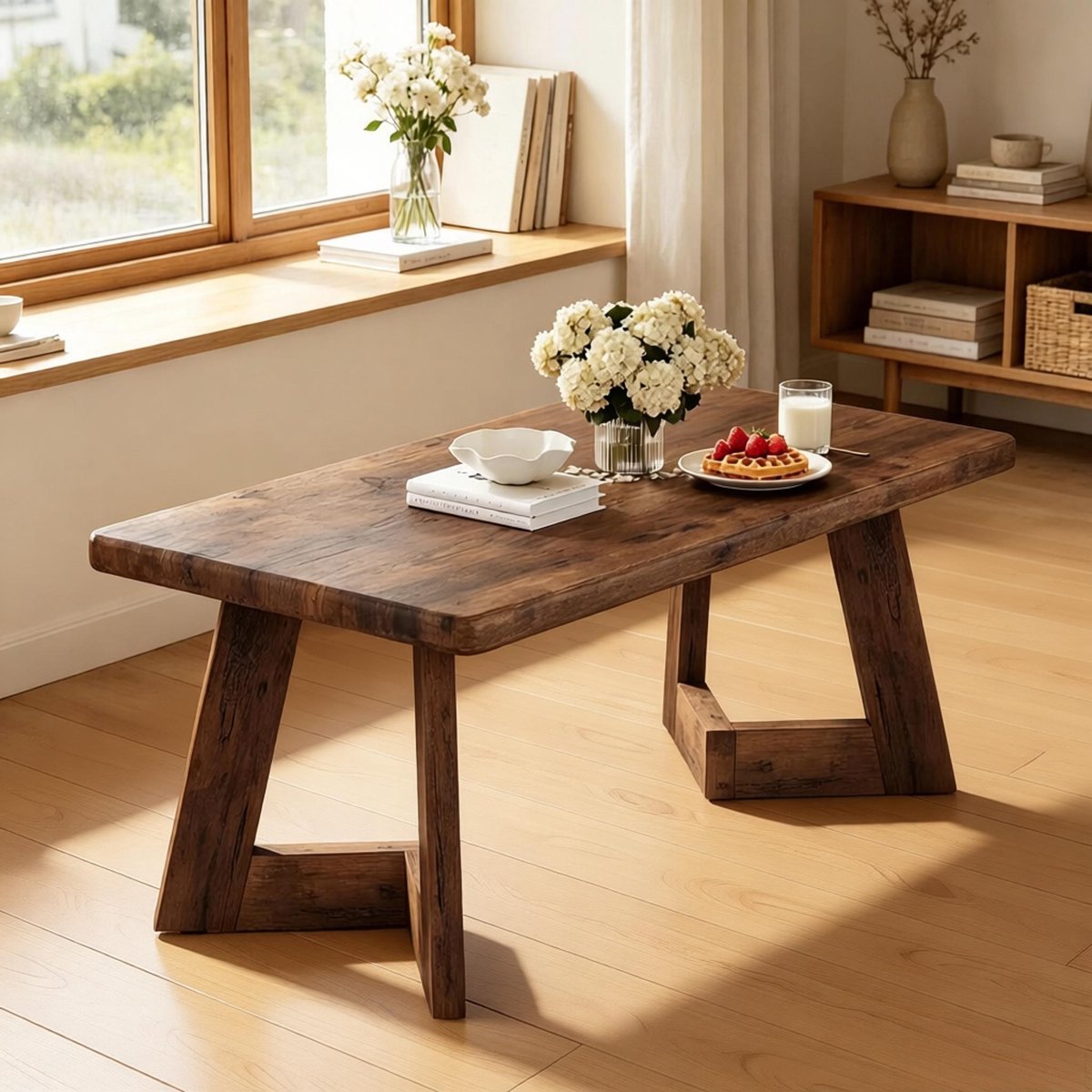 Wishdor Salontafel rechthoekig - Landhuisstijl - bewerkt hout - rustiek bruin - 120 x 60 x 51 cm - stevige constructie